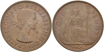 Великобритания 1 пенни 1966 Елизавета II (1952-2022) КМ 897, Spink 4157 бронза    4110-416