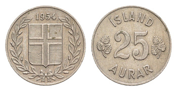 Исландия 25 эйре 1954 KM 11 медно-никель 4617-427
