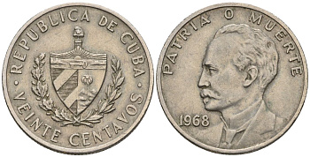Куба 20 сентаво 1968 Хосе Марти KM 31, Y 25, Schoen 29 медно-никель 4114-416