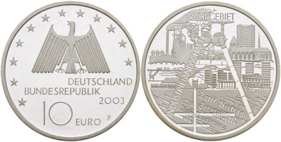 ФРГ 10 евро 2003 F, Рурский бассейн, промышленная зона KM 224, DE.S. 10.10 серебро PROOF 413-5931