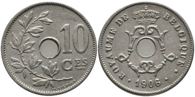 БЕЛЬГИЯ 10 САНТИМОВ 1906 BELGIQUE KM 52 медно-никель 4380-325