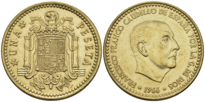 Испания 1 песета 1966 (75) Франциско Франко (1939-1975) КМ 796 алюминиевая бронза 67-755
