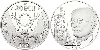 Финляндия 20 экю 1995 Йохан Людвиг Рунеберг серебро PROOF 02-038-12