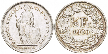 ШВЕЙЦАРИЯ 1/2 ФРАНКА 1950 KM 23 серебро 3309-653