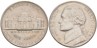 США 5 ЦЕНТОВ 1996 D, ДЖЕФФЕРСОН KM A192 медно-никель 4114-1117