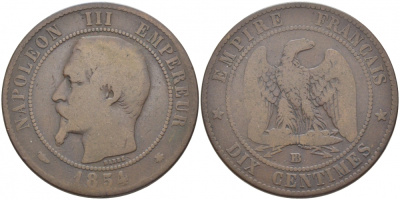 ФРАНЦИЯ 10 САНТИМОВ 1854 BB, НАПОЛЕОН III (1852-1870) KM 771.3 бронза 114-643
