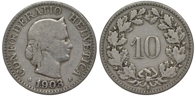 Швейцария 10 раппенов 1903 в KM 27 медно-никель 4128-715