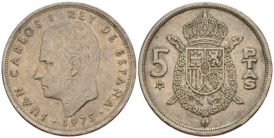 Испания 5 песет 1975 (80) Хуан Карлос I (1975-2014) KM 807 медно-никель 210-357