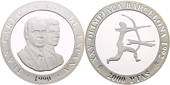 Испания 2000 песет 1990 XXV летние Олимпийские игры 1992 года в Барселоне, стрельба из лука KM 861 серебро PROOF 1081-8-14