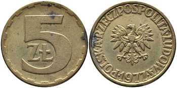 Польша 5 злотых 1977 монетный двор Ленинград (ЛМД) KM 81.1, Parchimowicz 221c латунь 110-843
