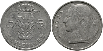 БЕЛЬГИЯ 5 ФРАНКОВ 1962 BELGIQUE KM 134.1 медно-никель 98-631