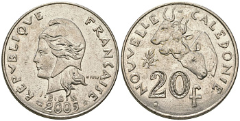 Французская Новая Каледония 20 франков 2005 три быка, (IEOM) KM 12, Schoen 14, Lec 115i никель 81-926