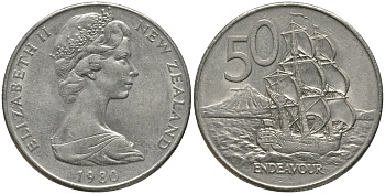 Новая Зеландия 50 центов 1980 Елизавета II (1952-2022), парусник Индевор KM 37 медно-никель 4578-112