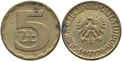 Польша 5 злотых 1977 монетный двор Ленинград (ЛМД) KM 81.1, Parchimowicz 221c латунь 110-843
