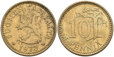 ФИНЛЯНДИЯ 10 ПЕННИ 1973 S KM 46 алюминиевая бронза 192-1037
