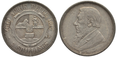 ЮАР, ZAR 2 ШИЛЛИНГА 1897 ЮЖНО-АФРИКАНСКАЯ РЕСПУБЛИКА ZAR ПРЕЗИДЕНТ КРЮГЕР, ПРОБА 925, ВЕС 11,31 ГР., ТИРАЖ 148000 ЭКЗ. KM 62 серебро 1520-314