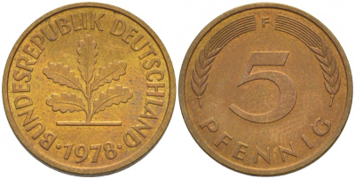 ФРГ 5 ПФЕННИГОВ 1978 F KM 107, J.382 сталь плакированная латунью 4547-1159