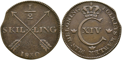 Швеция 1/2 скиллинга 1830 Карл XIV Юхан (1818-1844) KM 596 медь 4680-126