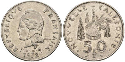 Французская Новая Каледония 50 франков 1972 хижина среди сосен и пальм, (IEOM) KM 13, Schoen 15, Lec 121 никель 4120-131