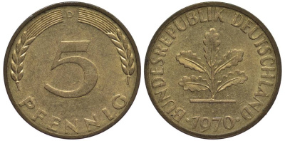 ФРГ 5 ПФЕННИГОВ 1970 J KM 107, Jager 382 сталь плакированная латунью 4547-744