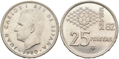 Испания 25 песет 1980(81) чемпионат мира по футболу 82, Хуан Карлос I (1975-2001) KM 818 медно-никель 4571-1247