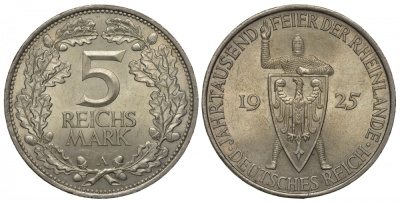 Германия 5 марок 1925 A, 1000 летие Рейнланда Weege 25, J. 322, KM 46 серебро aUNC 00-805-25