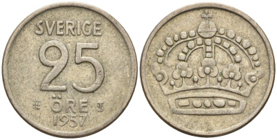 Швеция 25 эре 1957 TS, Густав VI Адольф (1950-1973) KM 824 серебро 4147-1057
