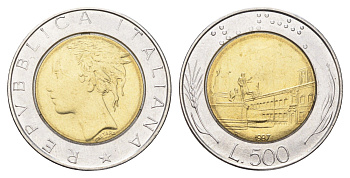 Италия 500 лир 1987 R, Квиринальский дворец в Риме KM 111 биметалл 4704-953