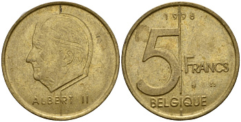 Бельгия 5 франков 1998 Belgique, Альберт II (1994-2013) KM 189 алюминиевая бронза 4601-225