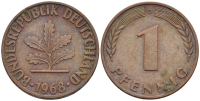 ФРГ 1 пфенниг 1968 D KM 105, J. 380 сталь плакированная медью    4115-124
