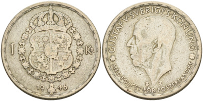 Швеция 1 крона 1946 TS, Густав V (1907-1950) KM 814 серебро 4126-1254