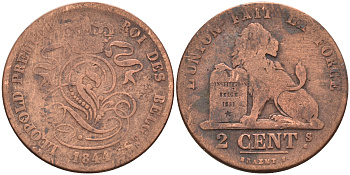 Бельгия 2 сантима 1844  KM 4.2 медь 4595-153