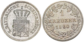 Бавария 1 крейцер 1860 Максимилиан II (1848-1864) KM 473 серебро 201-1017