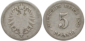 Германия 5 пфеннигов 1876 A, старогербовка KM 3, J. 3 медно-никель 51-3337