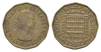 Великобритания 3 пенса 1957 Елизавета II (1952-2022) KM 900, Spink 4153 никель латунь 4571-734