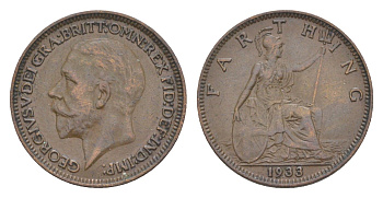 Великобритания 1 фартинг 1933 Георг V (1910-1936) KM 825, Spink 4061 бронза 3851-1169
