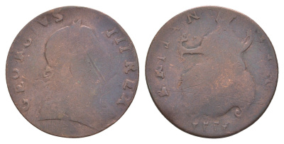 Великобритания 1/2 пенни 1777 подделка в ущерб обращению. Брак - монета отчеканена с перевернутыми цифрами. В 1770-ых годах по оценкам специалстов 2/3 монет с номиналом в 1/2 пенни были фальшивыми. Георг III (1760-1820) медь 413-2533