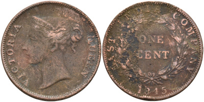 Стрейтс-Сетлментс 1 цент 1845 Виктория (1837-1901), Ост-Индская компания KM 3 медь 4590-212