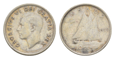 Канада 10 центов 1950 Георг VI (1936-1952), парусник KM 43 серебро 4639-554