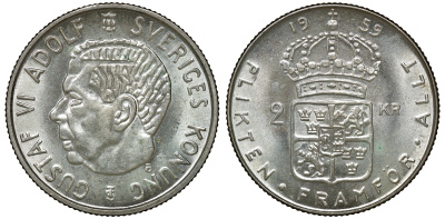 Швеция 2 кроны 1959 TS, Густав VI Адольф (1950-1973) KM 827 серебро 4179-1334