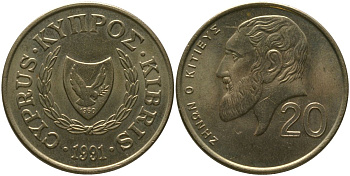 Кипр 20 центов 1991 KM 62.2 никель латунь 4402-217