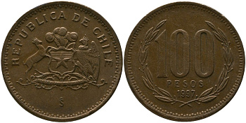 Чили 100 песо 1997 So KM 226.2, Schon 71 алюминиевая бронза 4544-1252