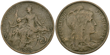 Франция 5 сантимов 1902 тип Даниэль Дюпюи KM 842 бронза 4577-1127