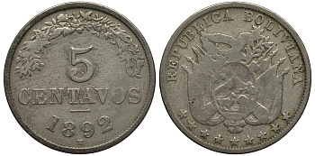 Боливия 5 сентаво 1892 H KM 171 медно-никель 272-433