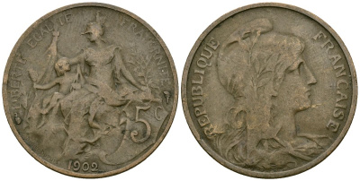 Франция 5 сантимов 1902 тип Даниэль Дюпюи KM 842 бронза 4577-1127