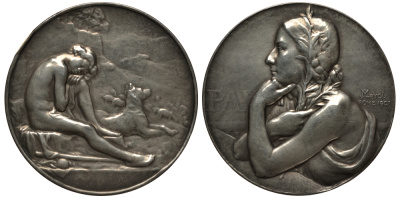 Франция медаль 1907 на мир, молодая женщина, в правой руке держит оливковую ветвь, медальер Ж.-Л. Мерот, диаметр 63 мм, вес 129,8 г CGMP p.253; BDM VIII, 56; cf. DNW 188, 791 серебро    10-006-07