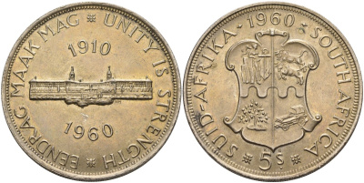 ЮАР 5 шиллингов 1960 50 лет Южноафриканскому союзу KM 55 серебро UNC 4578-311
