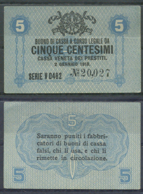 Италия 5 чентезимо 1918 	Венецианский ссудный банк Pick M1 бумага 7554-12-3-1
