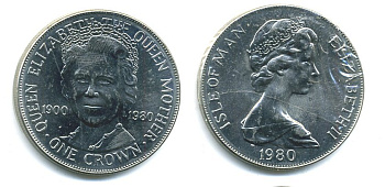 Остров Мэн 1 крона 1980 80 лет королеве Елизавете, королеве-матери КМ 68 медно-никель UNC 58-815
