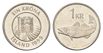 Исландия 1 крона 1999 треска KM 27a сталь плакированная никелем UNC 4674-645